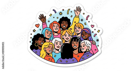 Diverse group of smiling women celebrating together with hands raised in joyful illustration
