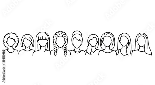Diverse group of women with different hairstyles and head coverings simple line art illustration white background black