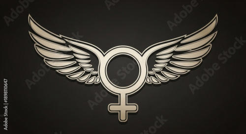 Female symbol with wings on black background empowerment icon equality sign