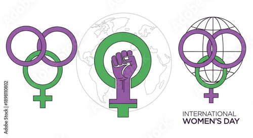 International women's day symbols and logos with purple green and white colors