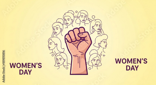 Raised fist with women's faces surrounding symbolizing female empowerment and solidarity on women's day