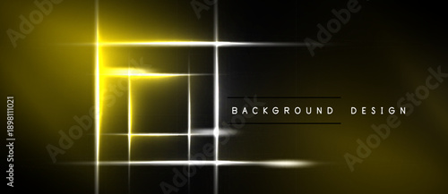 Neon lights form geometric shapes over dark background. Bright yellow glows radiate from central square. Modern design element.