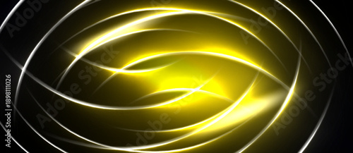 Bright yellow energy swirls within dark background. Concentric lines create dynamic, glowing effect. Abstract design evokes motion, light.
