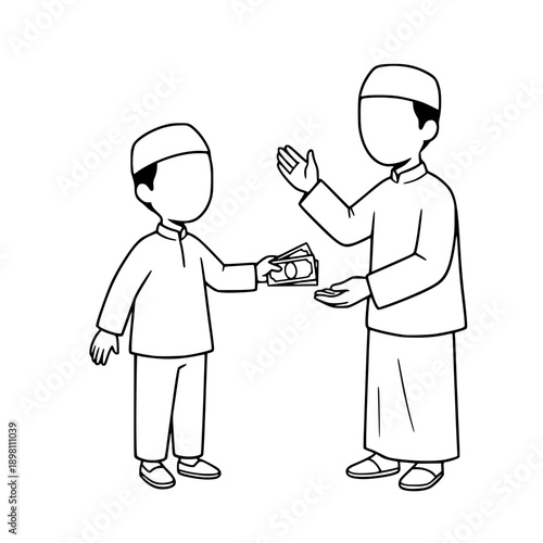 Muslim Man Giving Eid Money to Child Illustration, Ramadan Kareem and Eid al-Fitr Charity Concept, Traditional Islamic Giving and Donation Line Art