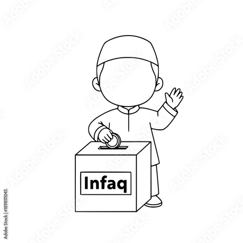 Muslim Boy Putting Coin into Infaq Charity Box, Islamic Donation and Sadaqah Concept for Ramadan, Child Learning to Give Alms Illustration Line Art