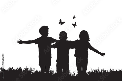 Friends silhouette standing in field with butterflies flying above them for nature play and childhood theme