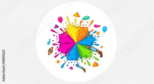 Vibrant colorful paint splatter design element on white background with dynamic shapes and textures