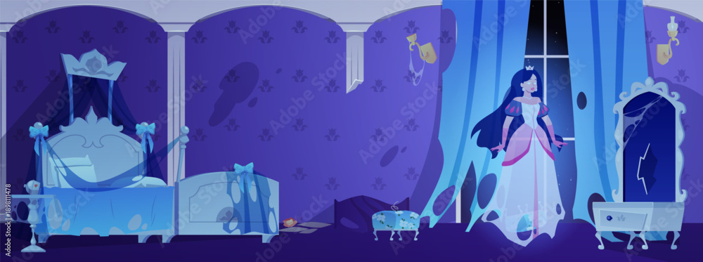 Fototapeta premium Scary abandoned and damaged princess room with ghost of the princess, vector dark medieval castle with queen phantom