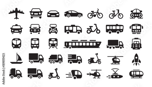 Collection of various transportation icons including cars, airplanes, buses, and bicycles vector graphics