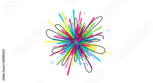 Vibrant colorful abstract lines forming a dynamic radial pattern on white background with black outlines