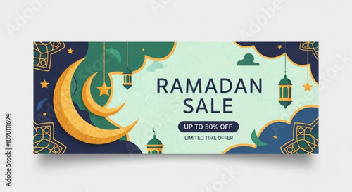 Ramadan sale banner with crescent moon and lanterns offering discounts