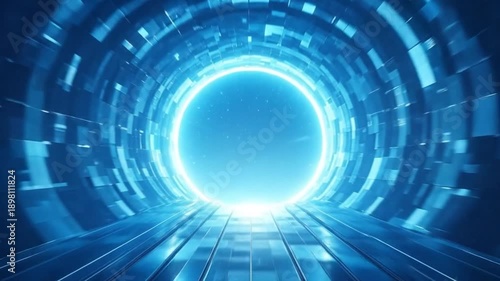 Futuristic tunnel with glowing light at the end, representing technology and innovation.
