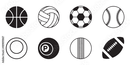 Collection of sports balls and game icons including basketball soccer baseball football