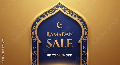 Ramadan sale banner with golden crescent moon and ornate border on gold background