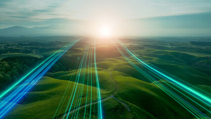 A path of light stretching towards the sunrise in nature - A path to the future