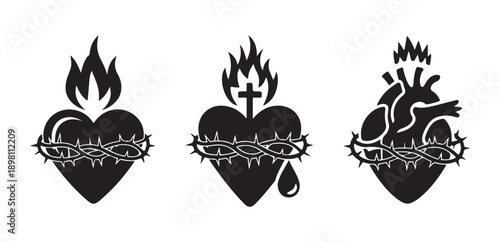 Three sacred heart of jesus silhouettes with crown of thorns and flames vector illustration