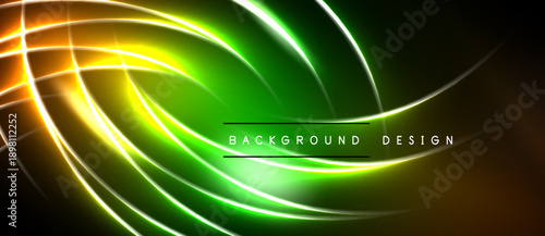 Bright neon curves create dynamic abstract design. Vivid colors blend, forming energetic visual experience. Modern, sleek presentation.