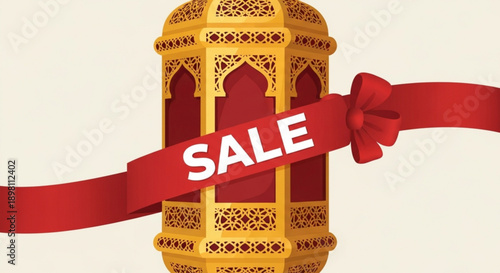 Ornate golden lantern with red ribbon and sale banner for promotional discounts and offers