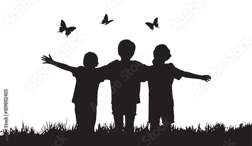 Happy children silhouettes standing in nature meadow with butterflies flying in sky outdoor friendship concept