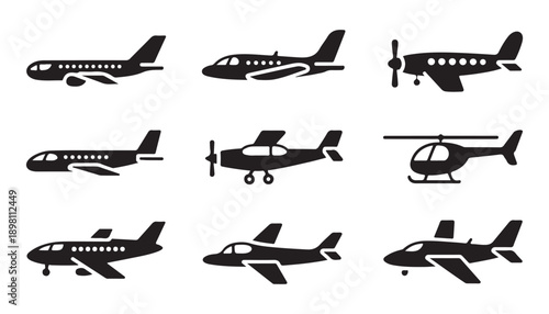 Set of aircraft and helicopter silhouette icons, various jet plane and rotorcraft vector illustrations