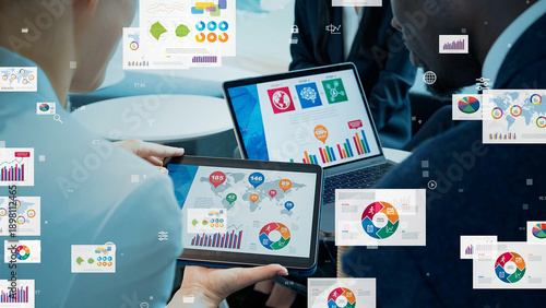 Принти на полотні Multinational business people meeting and digital data images