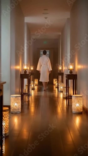 Hallway illumination with lantern and candlelight, featuring person in bathrobe. Represents serenity, relaxation, escape, wellness, and retreat