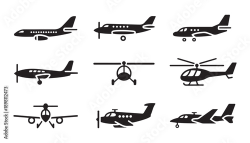 Collection of various aircraft and helicopters silhouette icons, simple black vector illustrations
