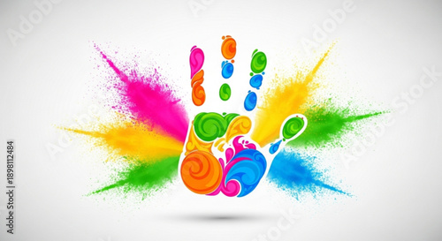 Colorful handprint with vibrant paint splatters on white background creative artistic expression