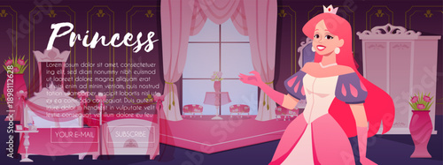 Princess room landing page vector design, beautiful princess with crown in pink royal bedroom, medieval castle interior