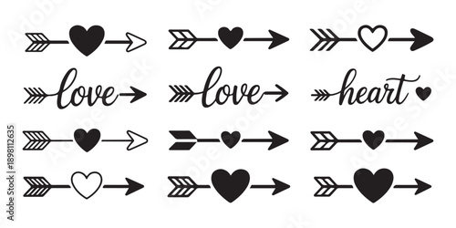 Arrow and heart graphic design elements for romantic occasions and Valentines day