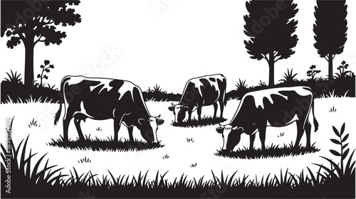 Three cows grazing peacefully in lush green meadow with trees in background rural farm landscape silhouette
