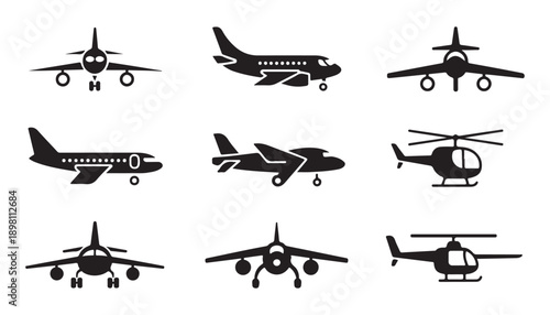 Set of aircraft and helicopters silhouettes, diverse jet plane and rotorcraft vector icons