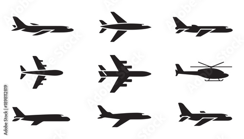 Group of nine black aircraft icons side view showing different types of planes and helicopter on white