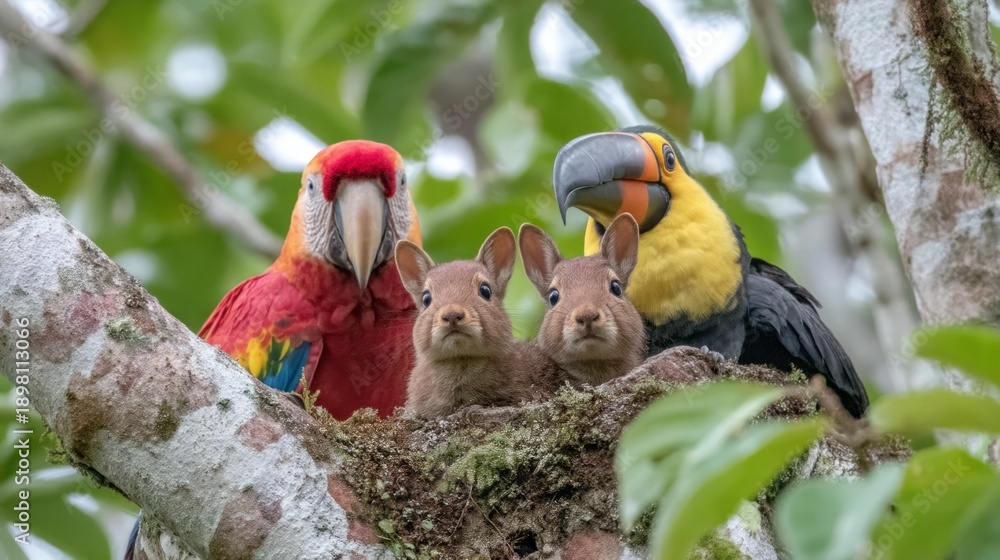 Fototapeta premium Two adorable rabbits peer from a cozy nest while a red macaw and a colorful toucan watch over them in a lush green jungle. Nature's harmony is on full display in this lively scene