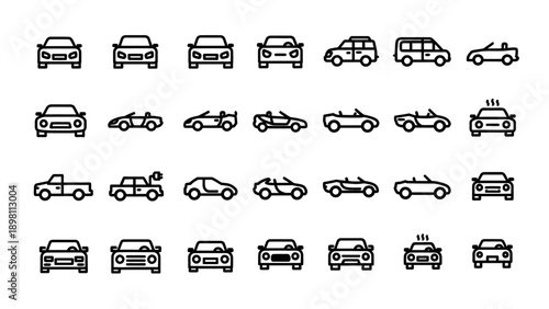 Collection of Various Car Icons and Symbols.
