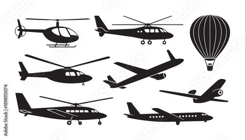 Variety of air vehicles including helicopters planes and a hot air balloon in black silhouette form