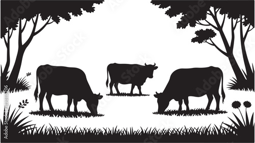 Black silhouettes of three cows grazing in a field surrounded by trees on a white background farm