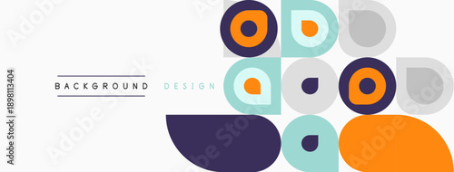 Abstract geometric shapes overlap, creating modern background. Colors include orange, purple, blue, gray. Minimalist design feels clean, stylish.