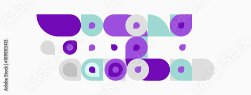 Abstract geometric shapes, purple, gray, white. Minimalist design, playful composition, modern aesthetic. Simple forms create visual interest.