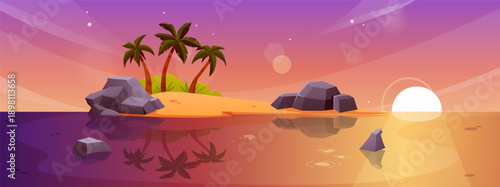 Tropical island wallpaper with palm trees, rocks, and a sandy beach at sunset or sunrise.
