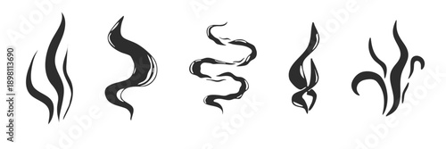 Smell steam and smoke lines icons set. Air wind and scent linear hand drawn doodle. Hot vapor, aroma, smell, waves from food sketch.