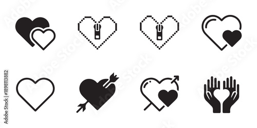 Collection of various heart icons in outline and filled styles representing love and relationships