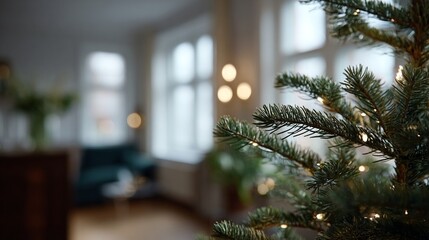 Closeup evergreen branches with warm fairy lights, cozy living room background bokeh, festive home decor for Christmas season, calm winter holiday mood