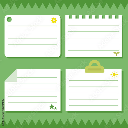 초록색 배경의 귀여운 메모지 및 포스트잇 일러스트 세트