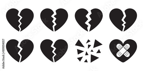 Broken heart icons and fragments, conveying themes of heartbreak, sadness, and recovery
