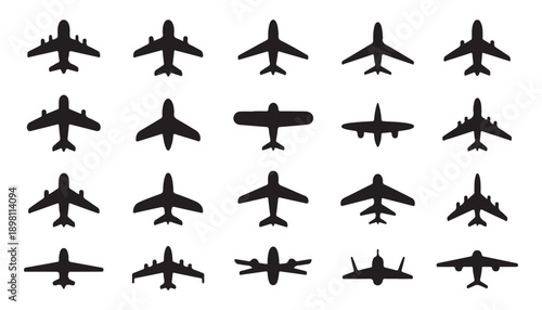 Collection of airplane silhouettes and aircraft icons on white background vector illustration