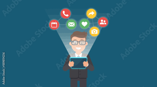 Digital Connectivity: Man Using Tablet Projecting Networked App Icons (Email, Calendar, Social Media, Phone). Flat Vector Illustration.