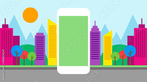 Vibrant Flat Design Cityscape Background with Blank Smartphone Mockup Screen for App Display and UI/UX Concept