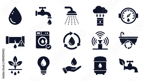 Water conservation icon set. Glyph black silhouettes - rainwater collection, smart irrigation, eco faucet, leak detection, greywater system, drip plant watering. Flat vector pictograms