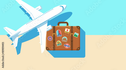 Global Air Travel and Vacation Concept: Flat Illustration of Airplane Flying Above Vintage Suitcase Covered in International Tourism Stickers